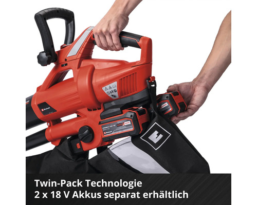 Einhell Akku-Laubsauger mit Twin-Pack-Technologie für zwei 18 Volt Akkus, die separat erhältlich sind.