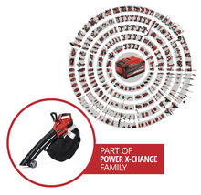 Einhell Power X-Change Akku-System-Übersicht mit kompatiblen Werkzeugen und Gartengeräten wie dem Akku-Laubsauger.