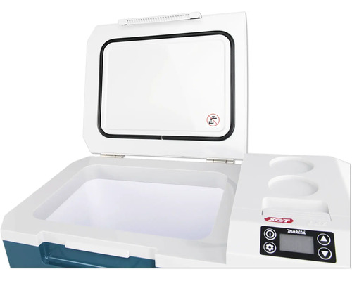 Glacière et chauffe-plat sans fil Makita avec couvercle ouvert et panneau de commande numérique
