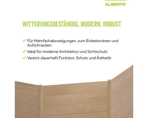 Infographie pour pare-vue Alberts : résistant aux intempéries, moderne, robuste, pour raccordements multiples, à bétonner et à visser.