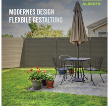 Clôture de jardin moderne d'Alberts avec salon de jardin, table, parasol et pots de fleurs sur une terrasse.