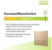 Infographie Alberts : clôture plastifiée avec 30 ans de durabilité, résistante aux intempéries et au vent jusqu'à 120 kilomètres par heure.