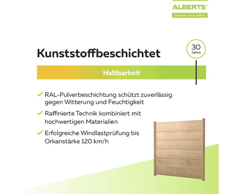 Infographie Alberts : clôture plastifiée avec 30 ans de durabilité, résistante aux intempéries et au vent jusqu'à 120 kilomètres par heure.