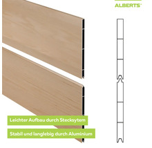 Profil de clôture emboîtable Alberts en aluminium aspect bois avec rainure et languette, schéma du système d'emboîtement.
