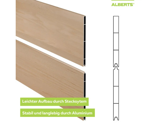 Profil de clôture emboîtable Alberts en aluminium aspect bois avec rainure et languette, schéma du système d'emboîtement.