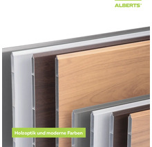 Logo Alberts. Différents panneaux de pare-vue aspect bois et designs modernes.
