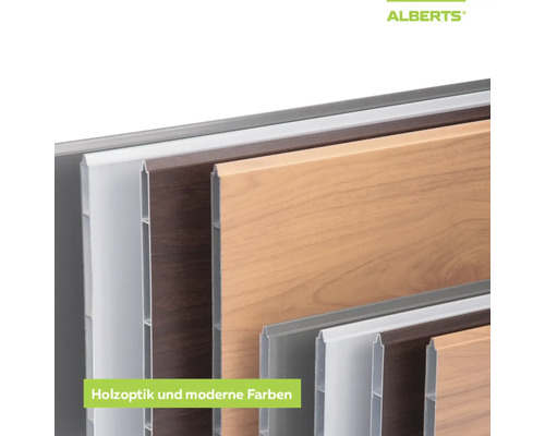 Logo Alberts. Différents panneaux de pare-vue aspect bois et designs modernes.