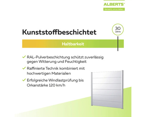 Infographie Alberts : revêtement plastique, durabilité 30 ans, résistant au vent jusqu'à 120 kilomètres par heure, thermolaquage RAL.
