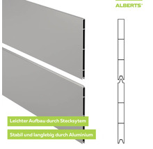 Clôture en profilé aluminium Alberts avec système d'emboîtement simple pour un montage stable, schéma de l'assemblage à rainure et languette.