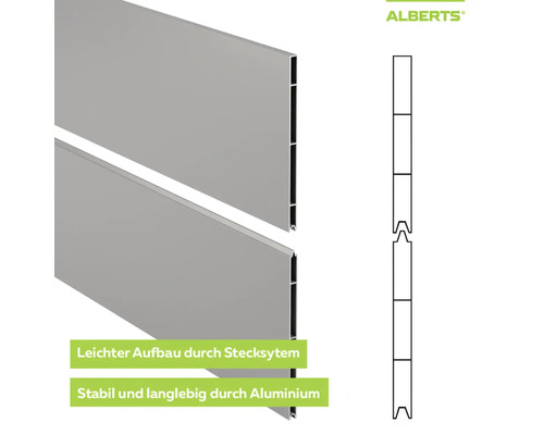Clôture en profilé aluminium Alberts avec système d'emboîtement simple pour un montage stable, schéma de l'assemblage à rainure et languette.
