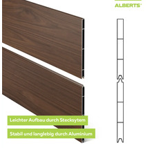 Profilés en aluminium Alberts aspect bois, système d'emboîtement avec schéma de l'assemblage à rainure et languette pour un montage facile.
