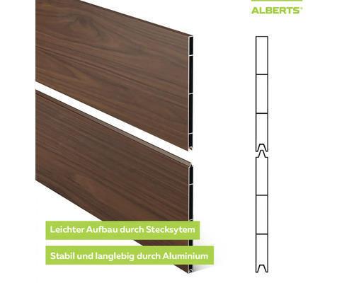 Profilés en aluminium Alberts aspect bois, système d'emboîtement avec schéma de l'assemblage à rainure et languette pour un montage facile.