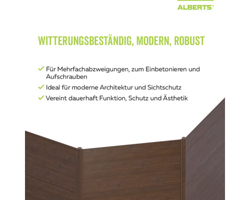 Informations produit Alberts sur un pare-vue moderne, robuste et résistant aux intempéries aspect bois pour raccordements multiples.