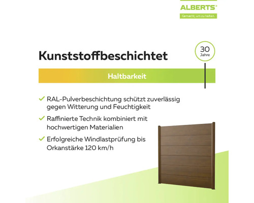 Caracteristiques Alberts pour brise-vue: revetement plastique, durabilite de 30 ans et resistance au vent jusqu'a 120 kilometres par heure.
