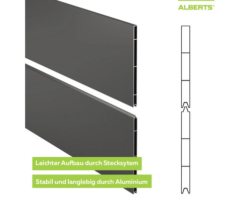 Planches profilées en aluminium Alberts pour clôture avec système d'emboîtement simple, stable et durable.