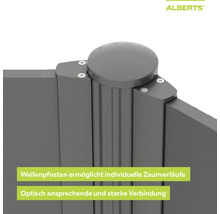 Détail d'un poteau ondulé pour clôture avec éléments brise-vue fixés pour des angles flexibles, Alberts Logo.