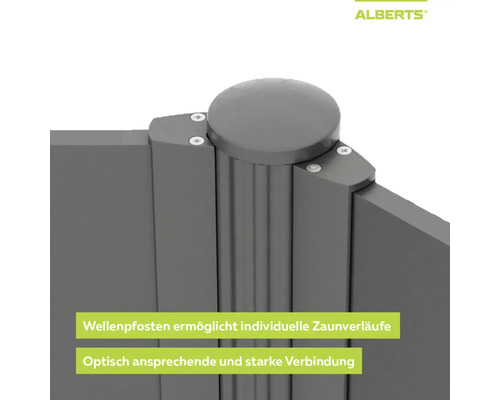 Détail d'un poteau ondulé pour clôture avec éléments brise-vue fixés pour des angles flexibles, Alberts Logo.