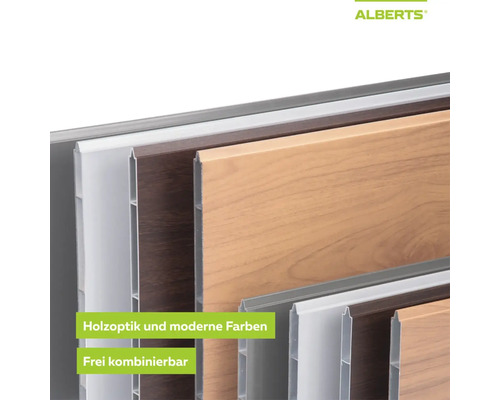 Planches profilées Alberts en aspect bois et différents décors, librement combinables.