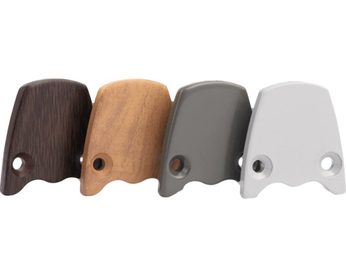 Quatre embouts pour support de main courante dans différentes imitations de bois et teintes métalliques avec trous de perçage