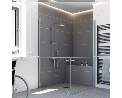 Cabine de douche en verre accessible avec portes battantes divisées s'ouvrant séparément, système de douche et banc intégré.