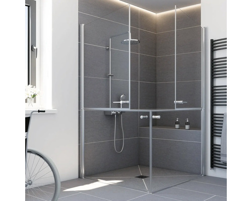 Douche d'angle accessible avec portes battantes mi-hauteur en verre, espace douche carrelé gris et mitigeur.