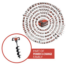 Einhell Erdbohrer aus der Power X-Change Akku-Systemfamilie mit verschiedenen kompatiblen Werkzeugen in der Übersicht.