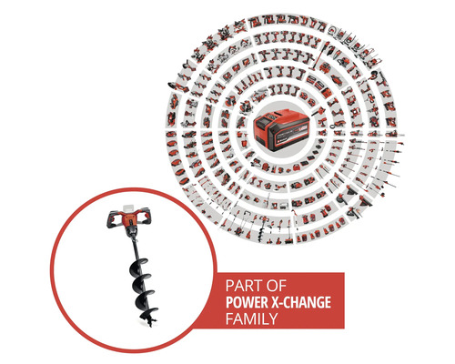 Einhell Erdbohrer aus der Power X-Change Akku-Systemfamilie mit verschiedenen kompatiblen Werkzeugen in der Übersicht.