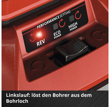 Bedienelement eines Akku-Schraubers mit Einstellung fuer Linkslauf, Eco Power und High Power.