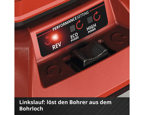Bedienelement eines Akku-Schraubers mit Einstellung fuer Linkslauf, Eco Power und High Power.
