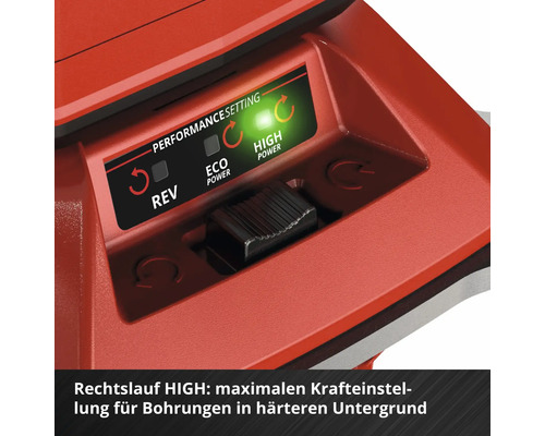 Detailansicht der Leistungssteuerung eines Elektrowerkzeugs mit Einstellungsoptionen für Rechtslauf, Eco Power und High Power.