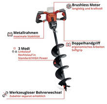 Einhell Akku Erdbohrer mit bürstenlosem Motor, Metallrahmen, ergonomischem Doppelhandgriff, drei Betriebsmodi und werkzeuglosem Bohrerwechsel.