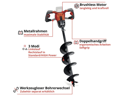 Einhell Akku Erdbohrer mit bürstenlosem Motor, Metallrahmen, ergonomischem Doppelhandgriff, drei Betriebsmodi und werkzeuglosem Bohrerwechsel.