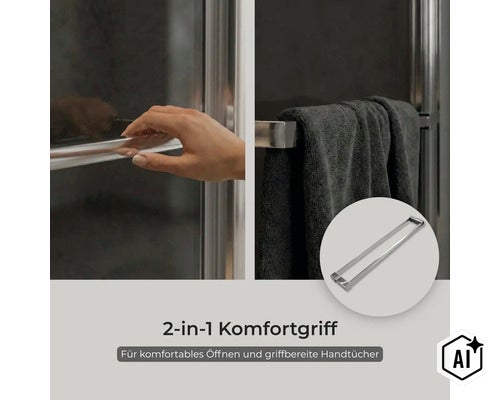 Duschkabinen Türgriff mit integriertem Handtuchhalter aus Metall für bequemes Öffnen und praktische Handtuchaufbewahrung in der Dusche. (Image AI modified or generated)