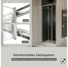 Duschkabine mit Schiebetürsystem und doppelten Laufrollen für ein sanftes Gleiten oben und unten in einem modernen Badezimmer. (Image AI modified or generated)