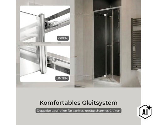 Duschkabine mit Schiebetürsystem und doppelten Laufrollen für ein sanftes Gleiten oben und unten in einem modernen Badezimmer. (Image AI modified or generated)