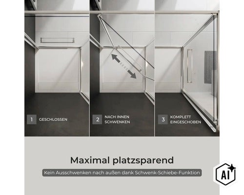 Drei Ansichten einer Duschkabine mit Schwenk-Schiebe-Funktion die das platzsparende Öffnen nach innen und das komplette Einschieben zeigt. (Image AI modified or generated)