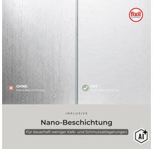 Vergleich von Duschglas ohne und mit Fixil Glasversiegelung für weniger Kalk und Schmutz durch Nano-Beschichtung. (Image AI modified or generated)
