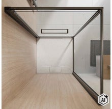 Moderne bodengleiche Dusche mit Glaswänden und dunklem Rahmen in einem hellen Badezimmer mit Fliesen. (Image AI modified or generated)