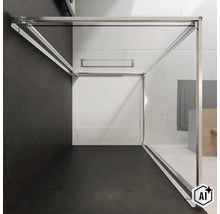 Moderne Eckduschkabine mit rahmenlosem Glasdesign und Metallprofilen in einem modernen Badezimmer. (Image AI modified or generated)