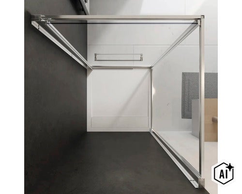 Moderne Eckduschkabine mit rahmenlosem Glasdesign und Metallprofilen in einem modernen Badezimmer. (Image AI modified or generated)