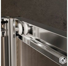 Detailansicht der Laufrollenführung einer Duschkabine mit Schiebetür aus Metall. (Image AI modified or generated)