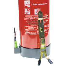 Feuerlöscher mit Halterung und aufgedruckten Gebrauchsanweisungen sowie Brandklassen A und B