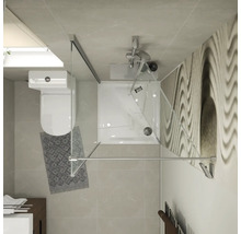 Draufsicht eines modernen Badezimmers mit quadratischer Duschkabine aus Glas, wandhängendem WC und Waschtisch auf gefliestem Boden.