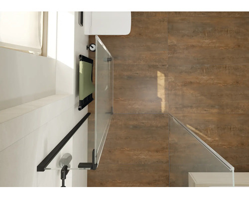 Vue de dessus d une salle de bain avec cabine de douche, parois en verre et carrelage aspect rouille.
