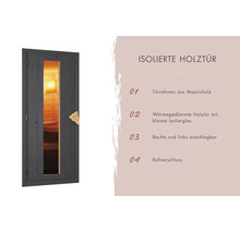 Porte de sauna isolée en bois avec cadre en bois massif, double vitrage, loqueteau à rouleau et ouverture réversible.