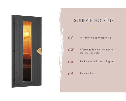Porte de sauna isolée en bois avec cadre en bois massif, double vitrage, loqueteau à rouleau et ouverture réversible.