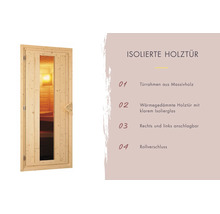 Porte de sauna isolée en bois avec verre, cadre en bois massif, isolation thermique et fermeture à rouleau, battant réversible.