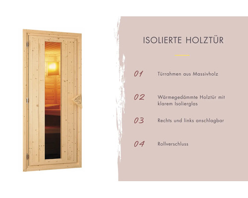Porte de sauna isolée en bois avec verre, cadre en bois massif, isolation thermique et fermeture à rouleau, battant réversible.
