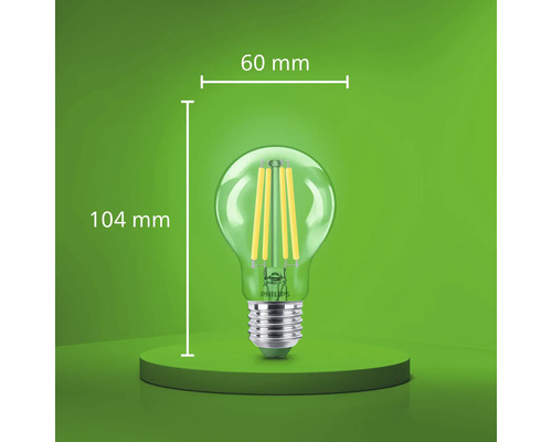 Ampoule LED filament Philips avec un diamètre de 60 millimètres et une hauteur totale de 104 millimètres.