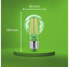 Philips LED Filament Glühlampe mit E27 Sockel, 60 Millimeter Durchmesser und 104 Millimeter Gesamthöhe.